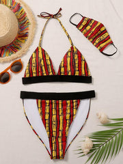 Abstract Printed Striped Triangles Split Bikini Swimsuit