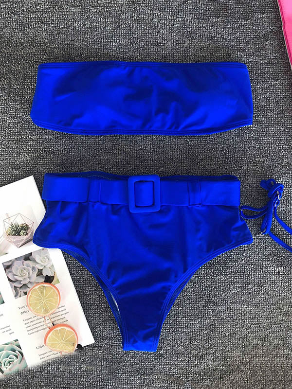 Solid Color Bandeau Belted Split Bikini Swimsuit