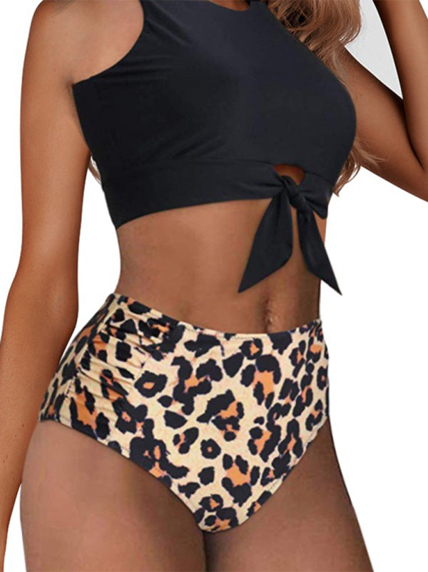 Animal Print Color-Block Round-Neck Split Bikini Swimsuit