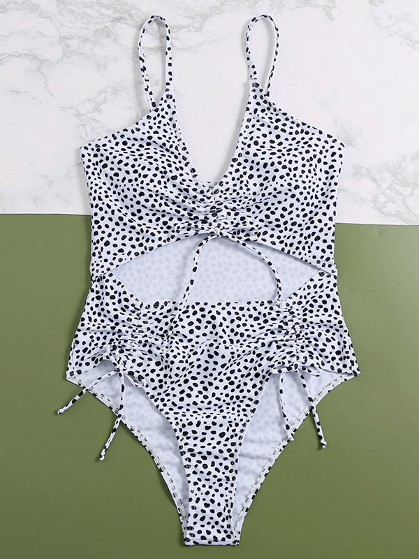 Polka-Dot Printed Bandage Hollow One-Piece Swimwear