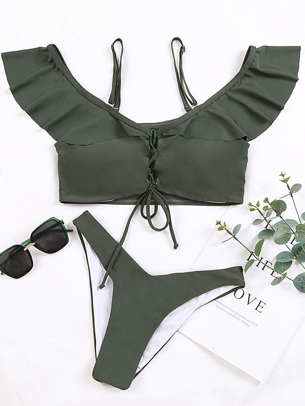 Solid Color Off-The-Shoulder Flared Sleeves Split Bikini Swimsuit