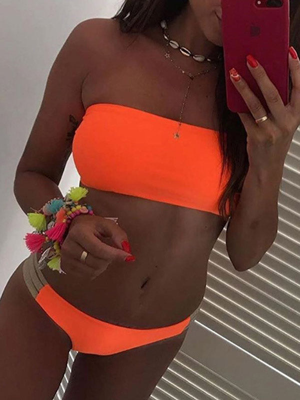 Solid Color Split-Joint Bandeau Bikini Swimwear