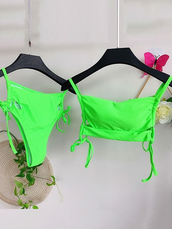 Solid Color Hollow Bandage Split Bikini Swimsuit