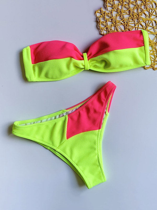 Strapless Color-Block Bandeau Hipster Backless Bikini Swimwear