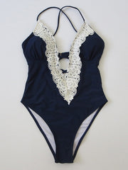 Solid Color Lcae Split-Joint Sexy One-Piece Swimwear