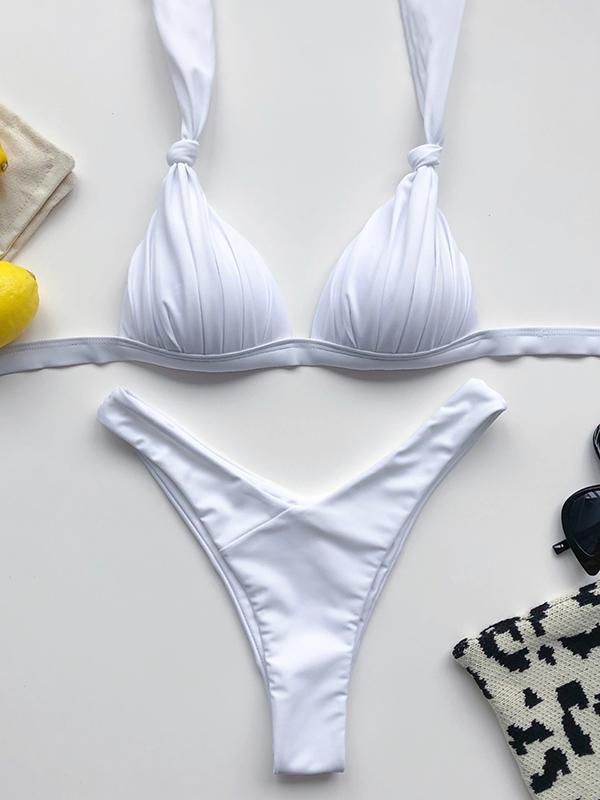 Solid Color Knotted Triangles Split Bikini Swimsuit