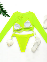 Solid Color See-Through Long Sleeve+Triangles Split Bikini Swimsuit+Three-Piece Set