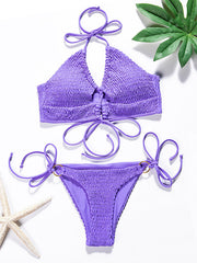 Solid Lace-Up Triangles Split Bikini Swimsuit