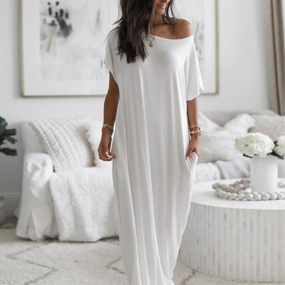 Elegant Short Sleeve Ultra Soft Split Flowing Basic Maxi Dress