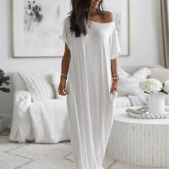 Elegant Short Sleeve Ultra Soft Split Flowing Basic Maxi Dress