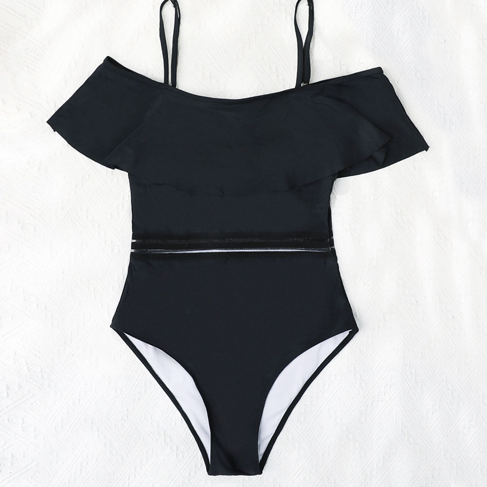 Enchanting Ruffle Mesh Trim Cold Shoulder Brazilian One Piece Swimsuit