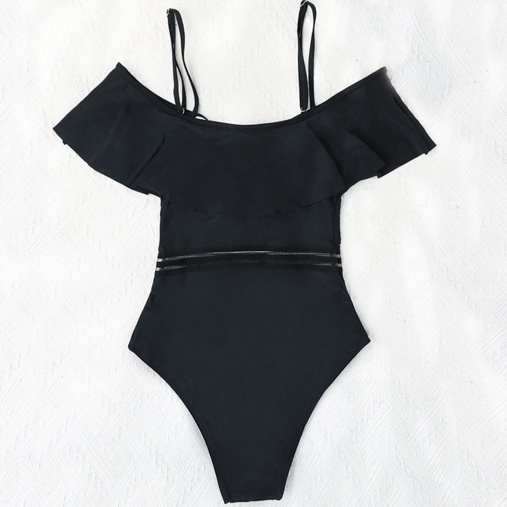 Enchanting Ruffle Mesh Trim Cold Shoulder Brazilian One Piece Swimsuit