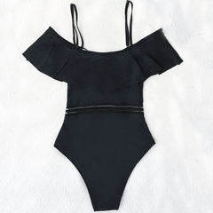 Enchanting Ruffle Mesh Trim Cold Shoulder Brazilian One Piece Swimsuit