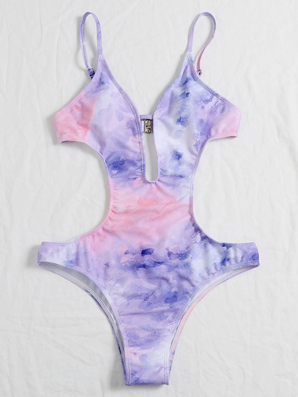 Tie-Dyed Spaghetti-Neck Backless Monokini Swimwear