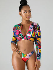 Wetsuit Floral Long Sleeve Zipper Split Bikini Swimsuit