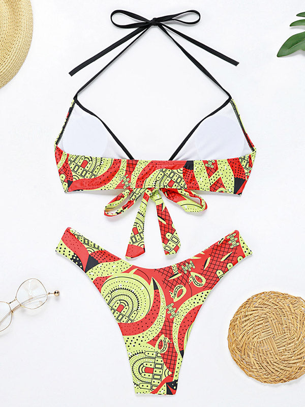 Halterneck Deep V-Neck Bandage Split Bikini Swimsuit