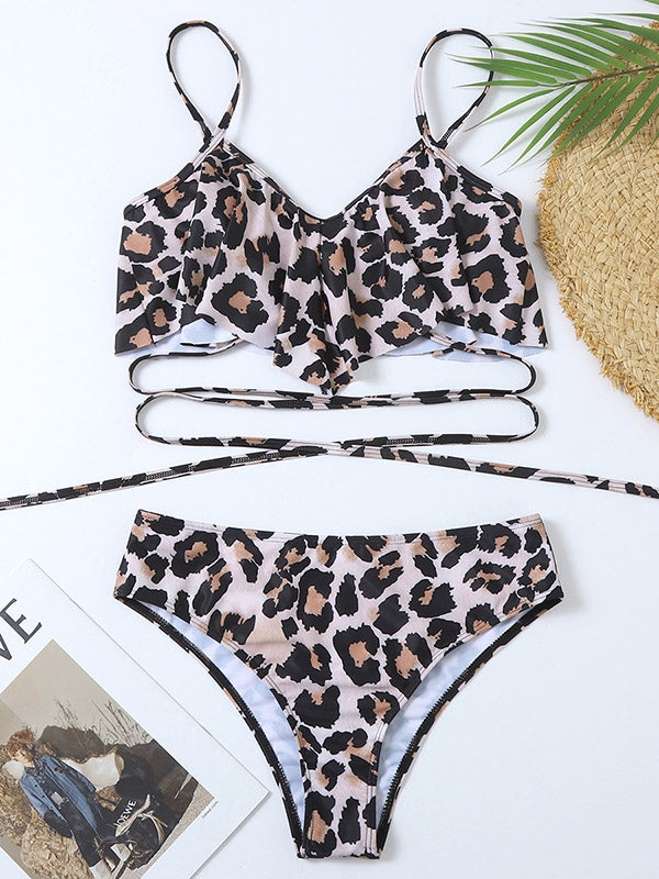 Spaghetti-Neck Leopard Print Bandage High-Waisted Split Bikini Swimsuit