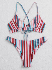 Striped Triangles Backless Bandage Split Bikini Swimsuit