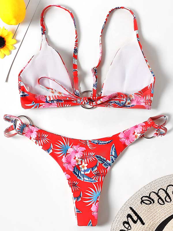 Three-Piece Floral Print Bandage Tie Side Bikini Swimwear