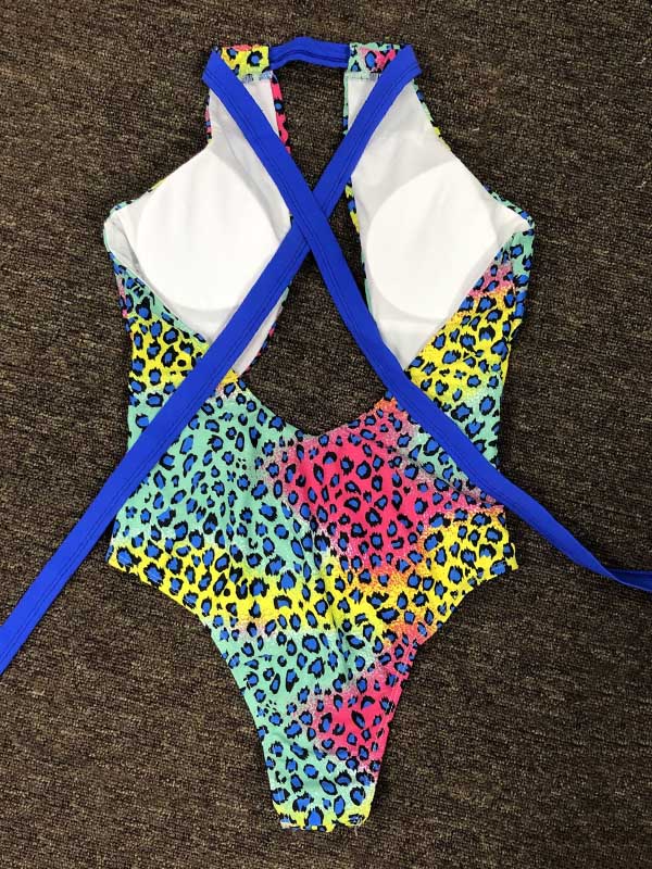 Multi-Colored Leopard Halterneck Bandage Hollow Backless One-Piece Swiwmear