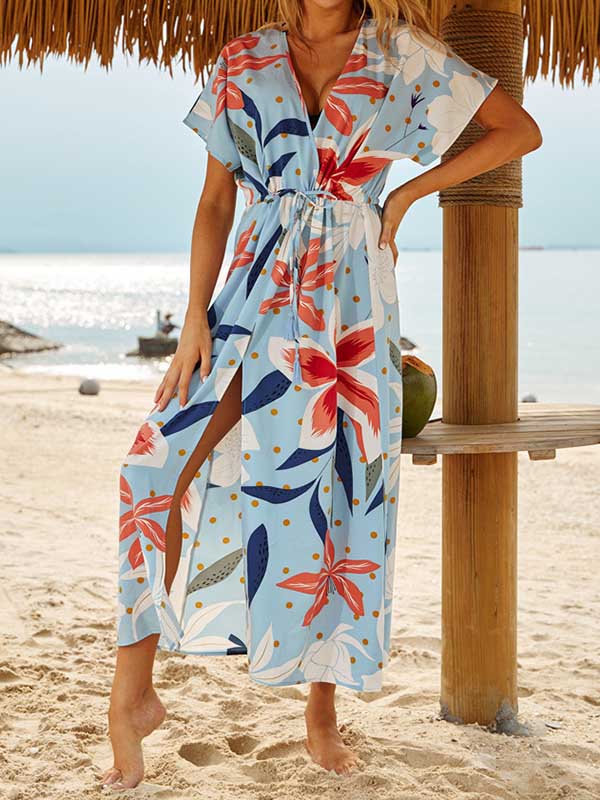 Short Sleeve V-Neck Midi Dress Cover-Up Swimwear