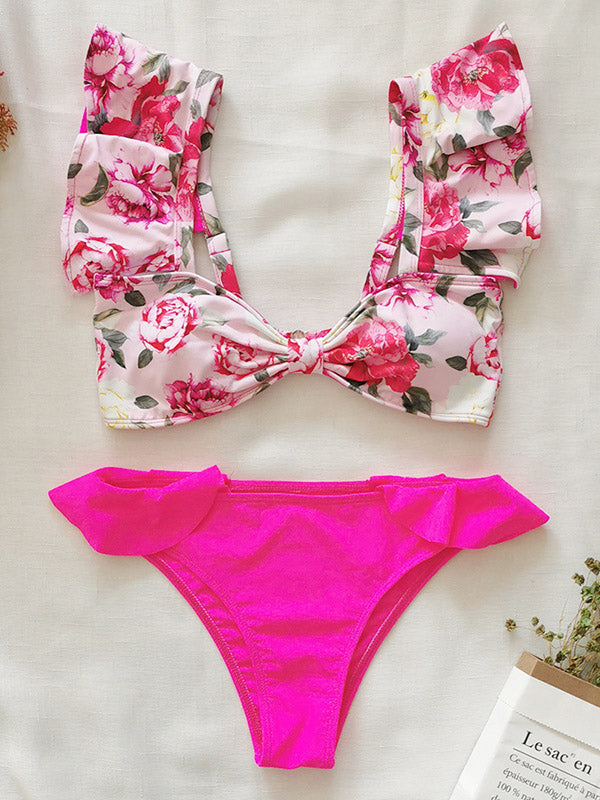 Ruffled Bowknot Split-Front Bikini Swimwear