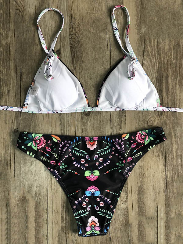 Floral Printed Triangles Bandage Split Bikini Swimsuit