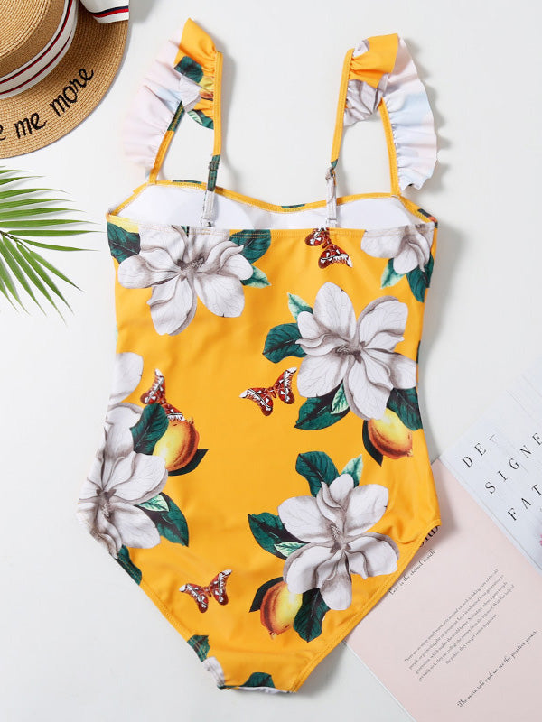 Floral Print Sleeveless Falbala One-Piece Swimwear