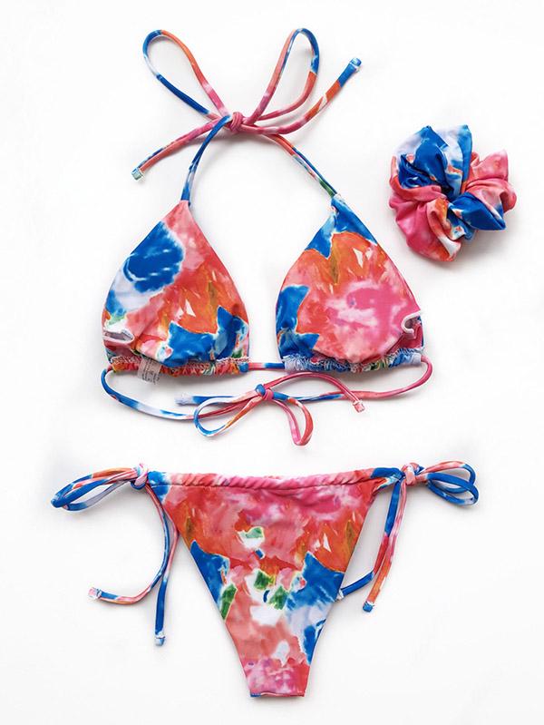 Tie-Dyed Printed Halterneck Split Bikini Swimsuit +Hair Ring