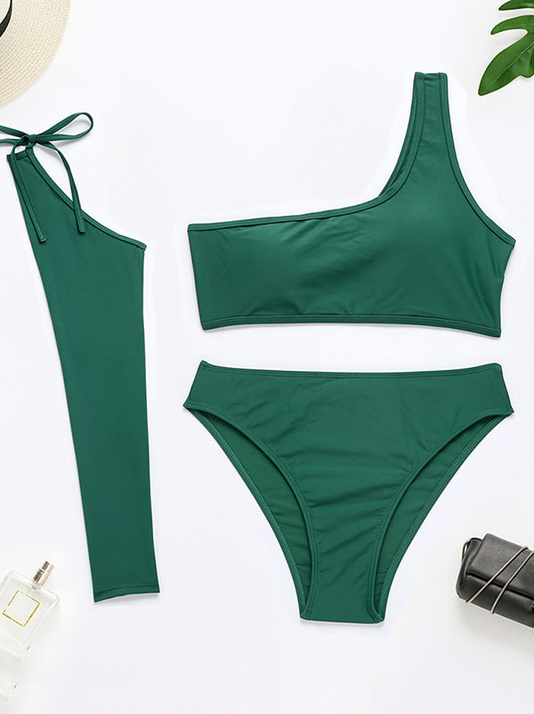 Solid Color One-Shoulder Sleevelet High-Waisted Bikini Swimwear