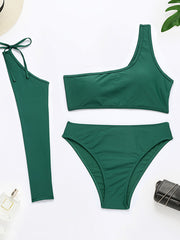 Einfarbige Bikini-Bademode mit One-Shoulder-Träger und hoher Taille 