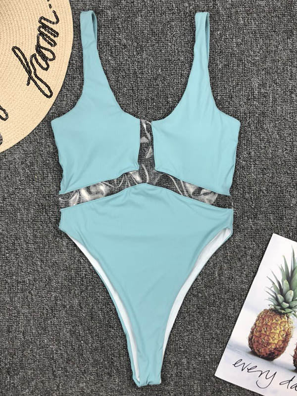 Solid Color See-Through Split-Joint U-Neck One-Piece Swimwear