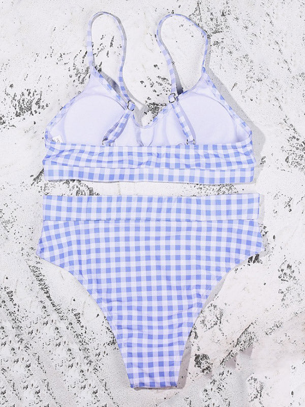 Plaid Printed Knotted Spaghetti-Neck Split Bikini Swimsuit