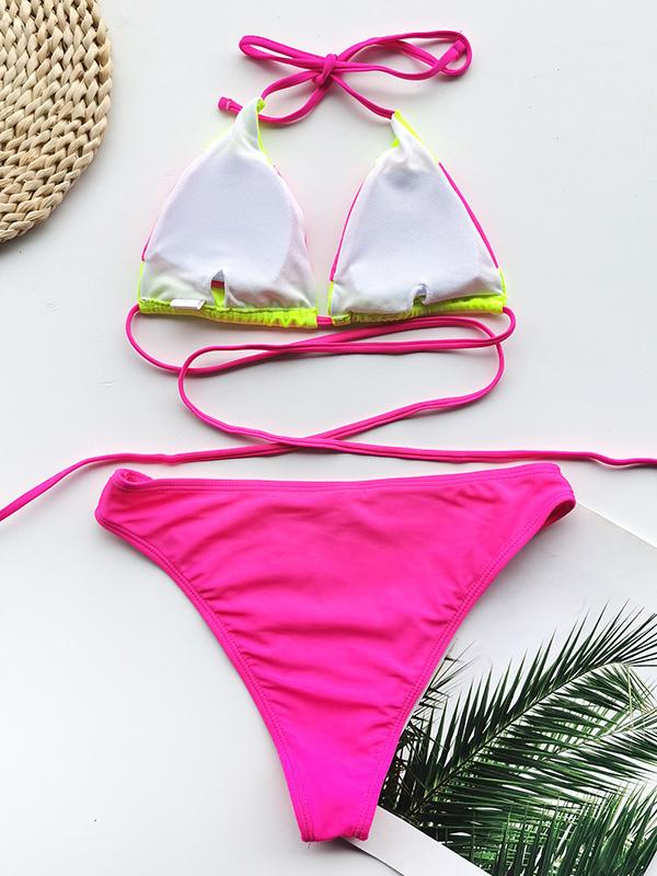 Color-Block Bandage Triangles Split Bikini Swimsuit