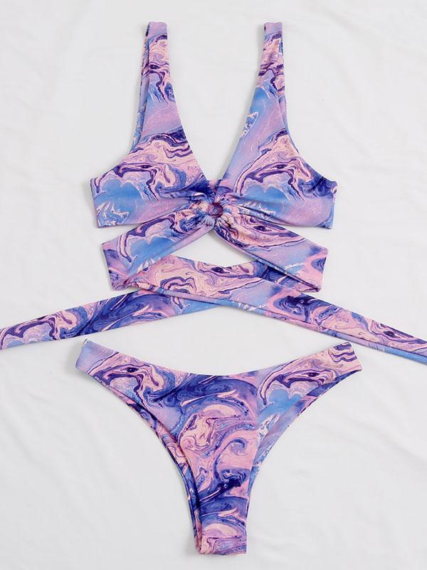 Tie-Dyed Gradient Printed Bandage Split Bikini Swimsuit