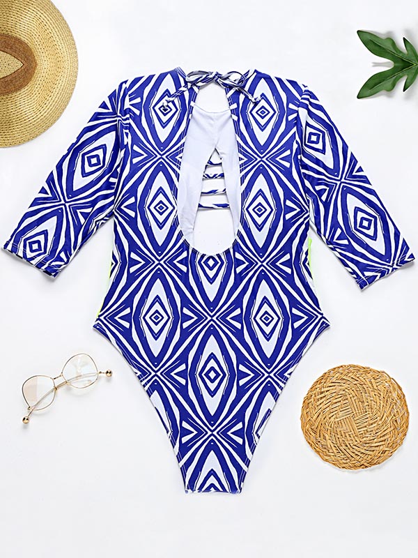 Half Sleeve Floral Hollow Bandage One-Piece Swimwear