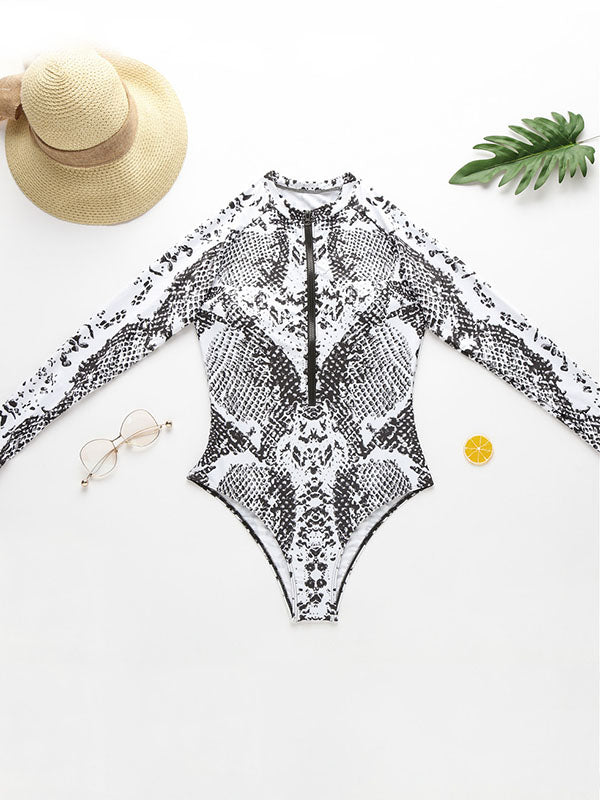 Animal Print High-Neck Zipper Long Sleeve One-Piece Wetsuit