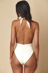 Ribbed Knotted Front Low Back High Leg One Piece Swimsuit