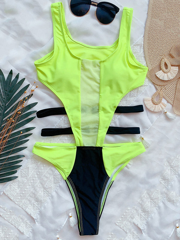 Sexy Contrast Color Split-Joint Backless One-Piece Swimwear