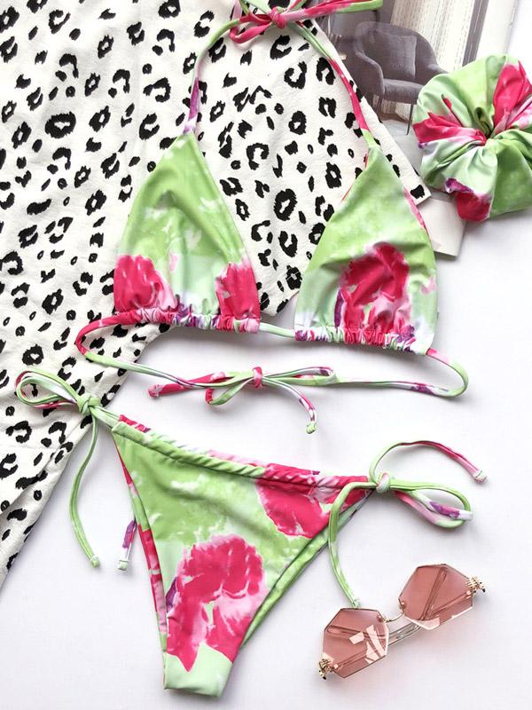 Tie-Dyed Printed Halterneck Split Bikini Swimsuit +Hair Ring