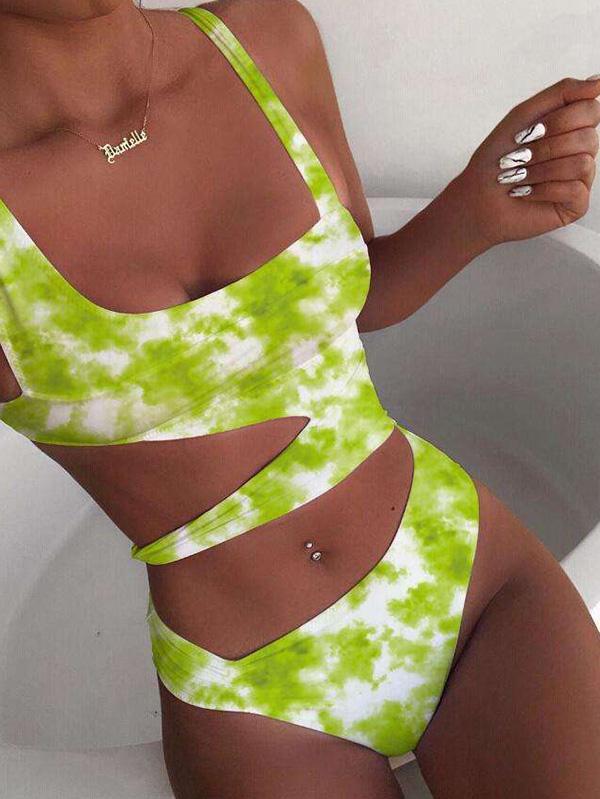 Tie-Dyed Gradient Printed Asymmetric Hollow One-Piece Swimwear