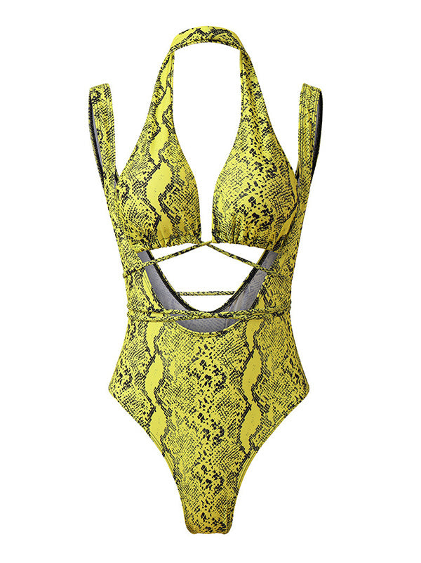 Sexy Snake-Print Bandage Split Bikini Swimsuit