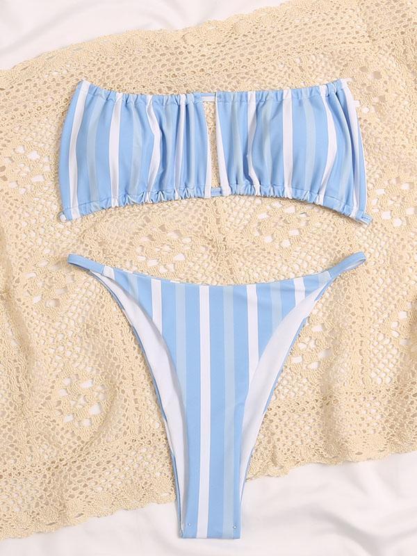 Striped Hollow Bandage Backless Split Bikini Swimsuit