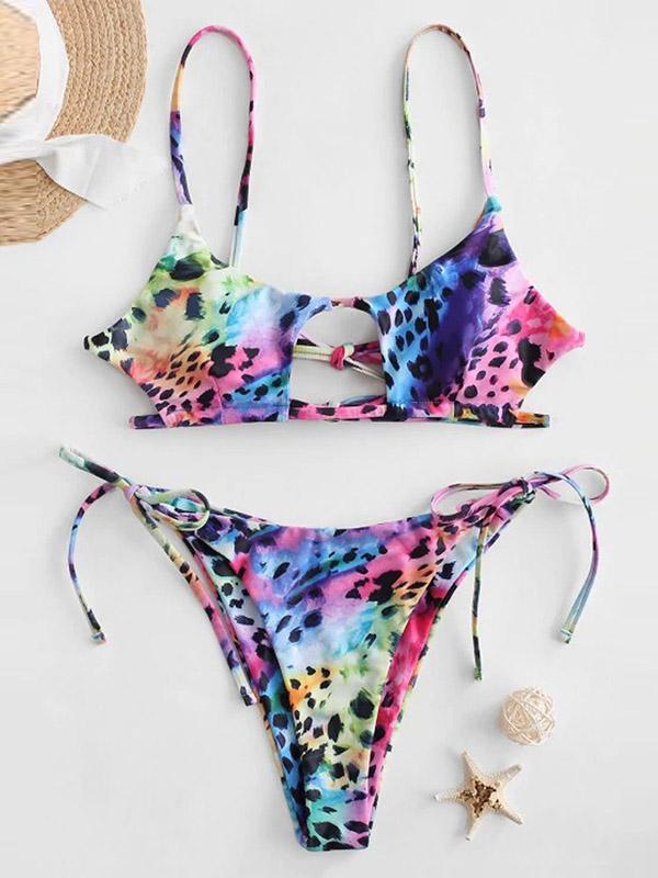 Leopard Print Abstract Printed Bandage Hollow Split Bikini Swimsuit