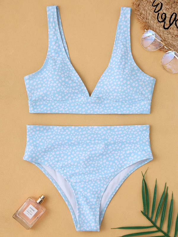 Polka-Dot Printed Deep V-Neck Split Bikini Swimsuit