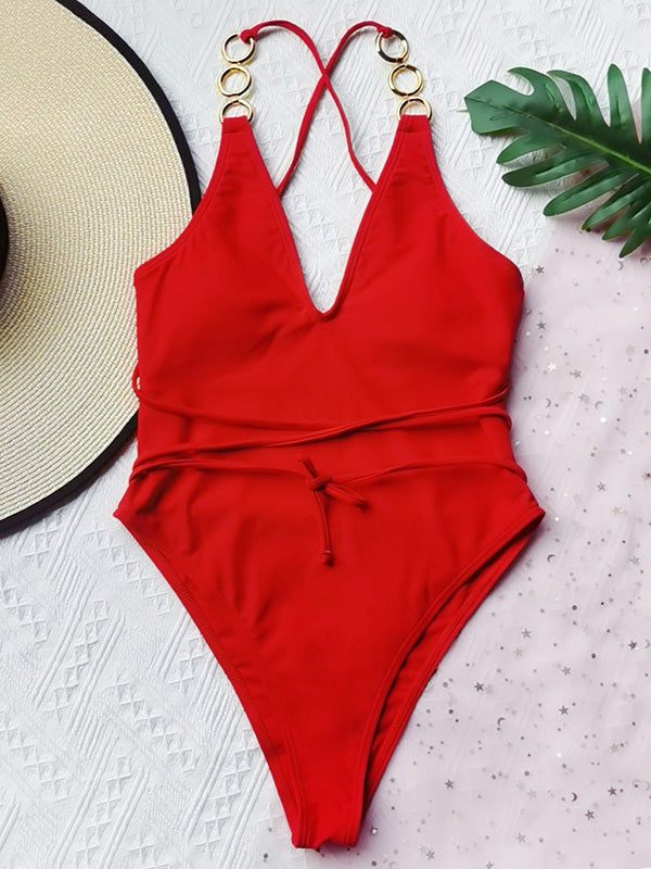 Split-Joint Chains Halterneck Backless One-Piece Swimwear