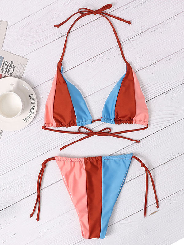 Halterneck Color-Block Triangles Tie Side Bikini Swimwear