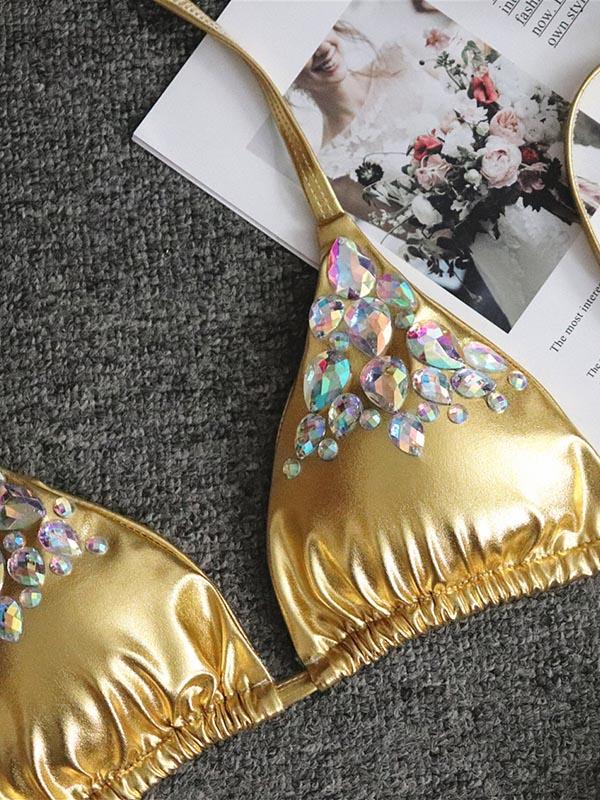 Sexy Gorgeous Embellished Triangles Split Bikini Swimsuit