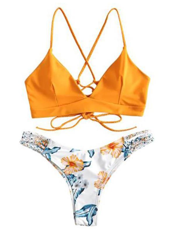 Floral-Print Color-Block Bandage Split Bikini Swimsuit