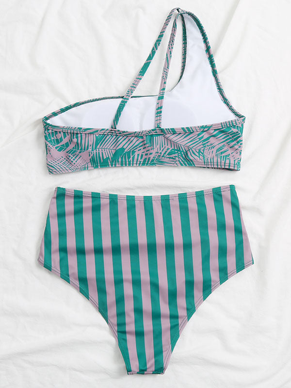 Bikini-Badeanzug mit Blumenmuster, Farbblockdesign und One-Shoulder-Träger und Schlitz 